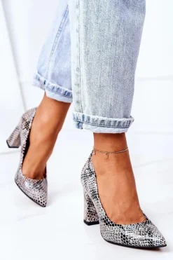 Damskie Boto Skórzane Czółenka Ze Zwierzęcym Wzorem Lewski Shoes 2453 Czarno-Niebieskie