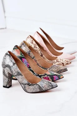 Damskie Boto Skórzane Czółenka Ze Zwierzęcym Wzorem Lewski Shoes 2453 Czarno-Niebieskie