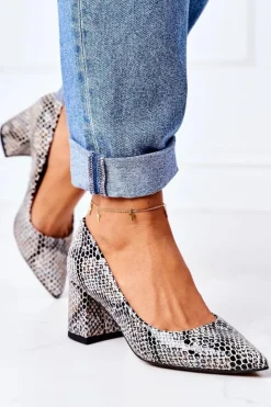 Damskie Boto Skórzane Czółenka Ze Zwierzęcym Wzorem Lewski Shoes 2801 Czarno-Niebieskie