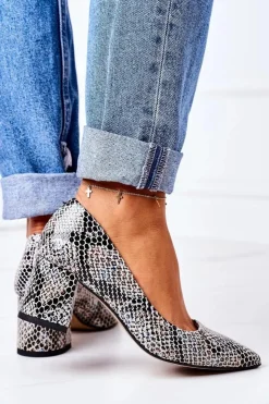 Damskie Boto Skórzane Czółenka Ze Zwierzęcym Wzorem Lewski Shoes 2801 Czarno-Niebieskie