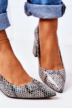 Damskie Boto Skórzane Czółenka Ze Zwierzęcym Wzorem Lewski Shoes 2801 Czarno-Niebieskie