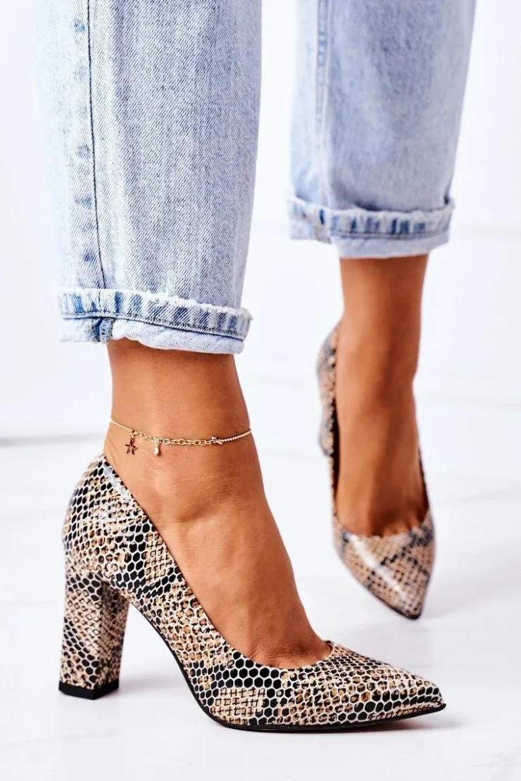 Clearance Boto Skórzane Czółenka Ze Zwierzęcym Wzorem Lewski Shoes 2453 Czarno-Beżowe