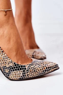 Clearance Boto Skórzane Czółenka Ze Zwierzęcym Wzorem Lewski Shoes 2453 Czarno-Beżowe