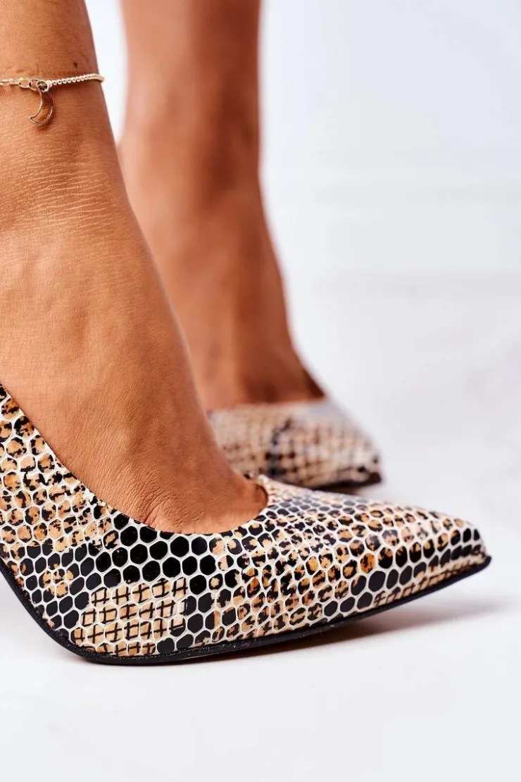 Clearance Boto Skórzane Czółenka Ze Zwierzęcym Wzorem Lewski Shoes 2453 Czarno-Beżowe