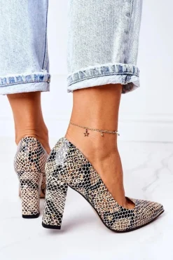 Clearance Boto Skórzane Czółenka Ze Zwierzęcym Wzorem Lewski Shoes 2453 Czarno-Beżowe