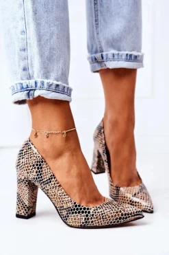 Clearance Boto Skórzane Czółenka Ze Zwierzęcym Wzorem Lewski Shoes 2453 Czarno-Beżowe