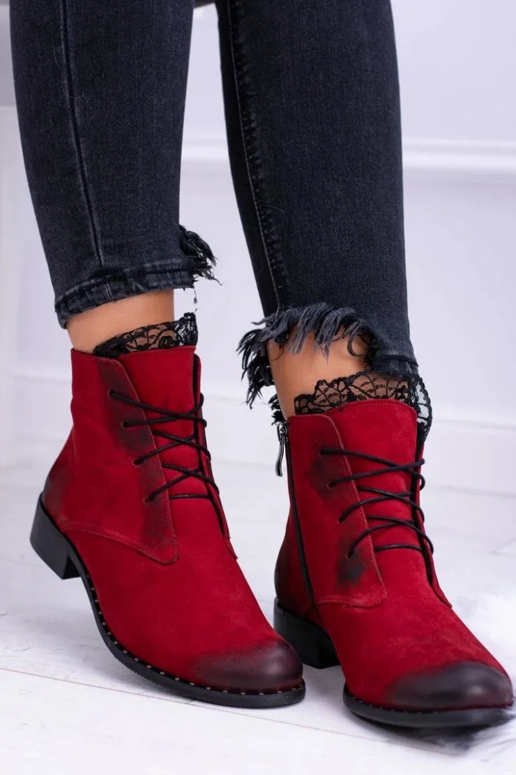 Damskie Boto Skórzane Czerwone Damskie Botki Z Koronką Millano