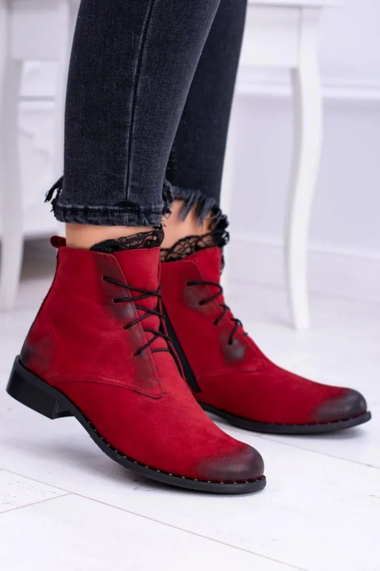 Damskie Boto Skórzane Czerwone Damskie Botki Z Koronką Millano