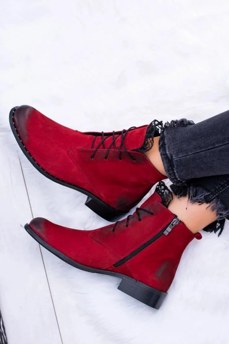 Damskie Boto Skórzane Czerwone Damskie Botki Z Koronką Millano