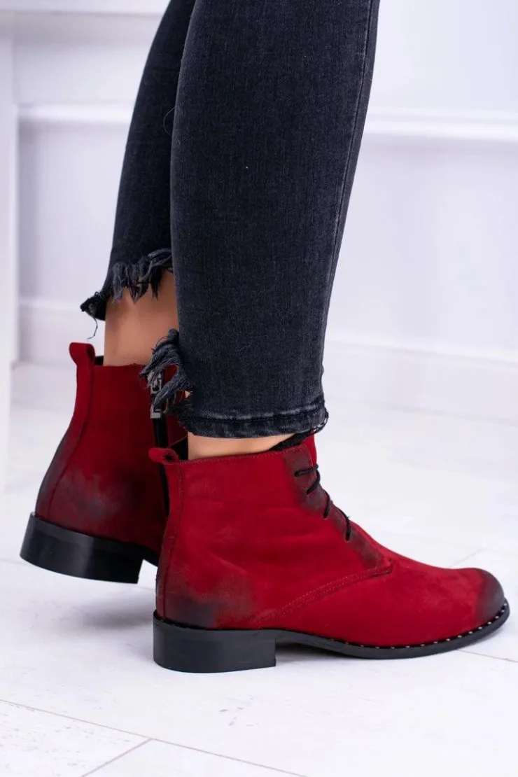 Damskie Boto Skórzane Czerwone Damskie Botki Z Koronką Millano