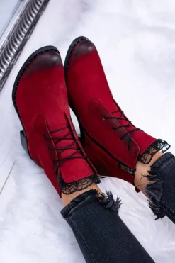 Damskie Boto Skórzane Czerwone Damskie Botki Z Koronką Millano