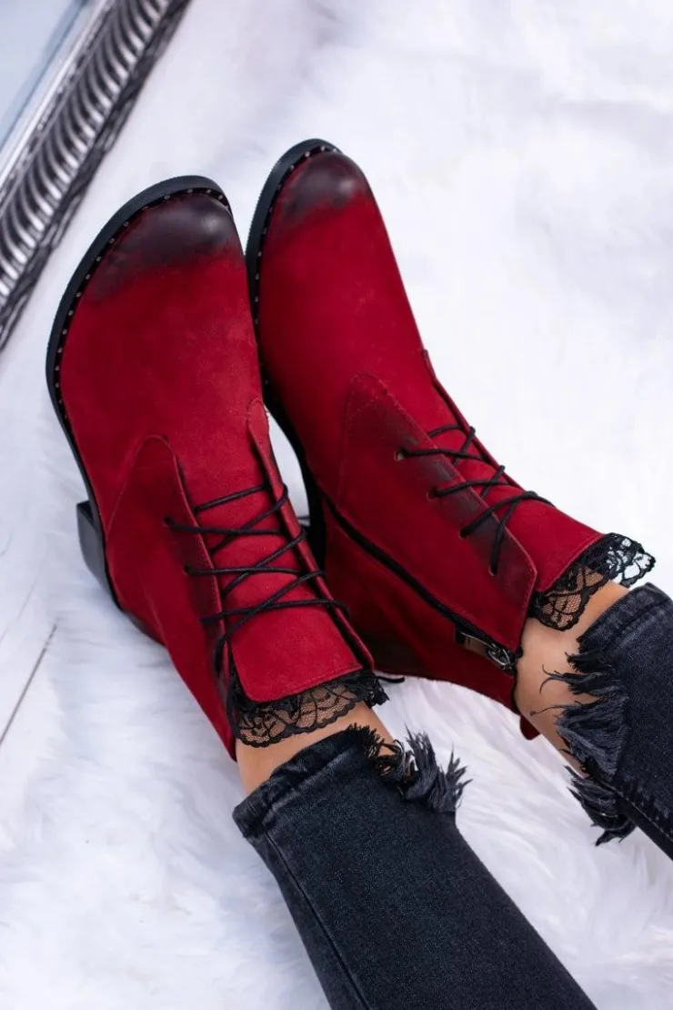 Damskie Boto Skórzane Czerwone Damskie Botki Z Koronką Millano