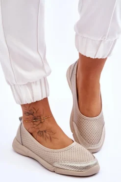 Evento Baleriny Skórzane|Baleriny Klasyczne*Skórzane Damskie Ażurowe Baleriny Beżowe Lucy Beżowy