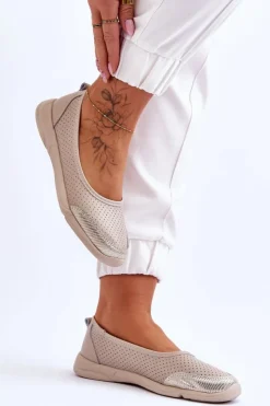 Evento Baleriny Skórzane|Baleriny Klasyczne*Skórzane Damskie Ażurowe Baleriny Beżowe Lucy Beżowy