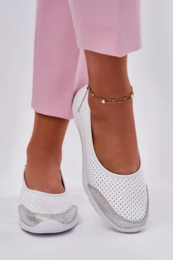 Sale Evento Skórzane Damskie Ażurowe Baleriny Białe Lucy