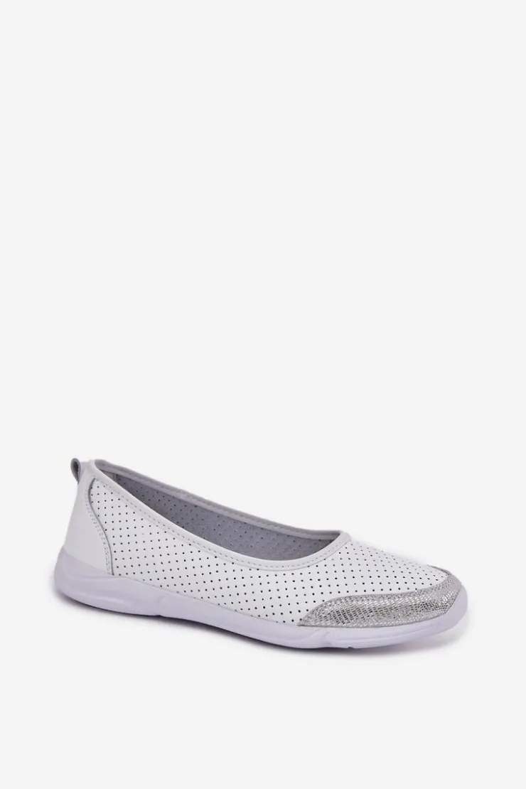 Sale Evento Skórzane Damskie Ażurowe Baleriny Białe Lucy