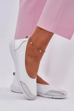 Sale Evento Skórzane Damskie Ażurowe Baleriny Białe Lucy