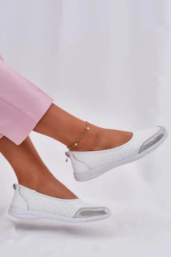 Sale Evento Skórzane Damskie Ażurowe Baleriny Białe Lucy