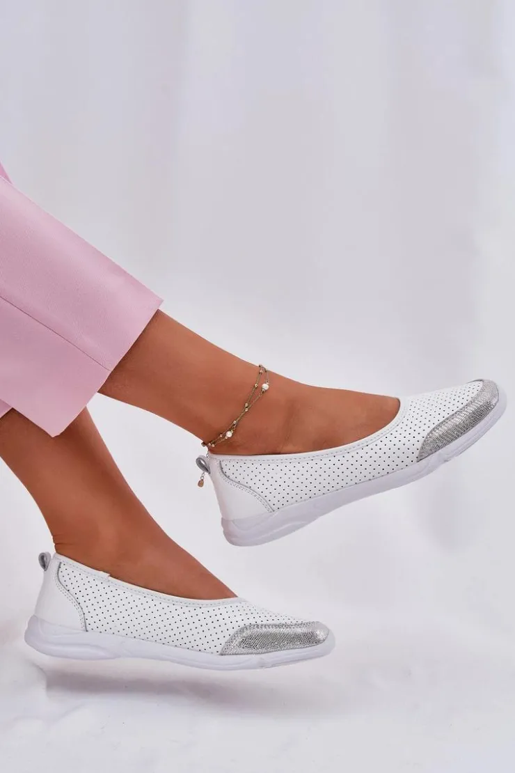 Sale Evento Skórzane Damskie Ażurowe Baleriny Białe Lucy