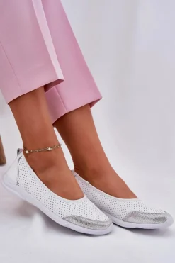 Sale Evento Skórzane Damskie Ażurowe Baleriny Białe Lucy