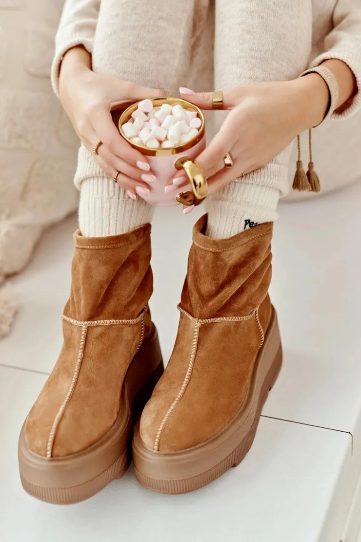 New Zazoo Skórzane Damskie Botki Na Masywnej Podeszwie Camel 3424 Brązowy