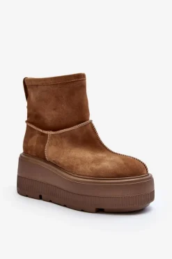 New Zazoo Skórzane Damskie Botki Na Masywnej Podeszwie Camel 3424 Brązowy