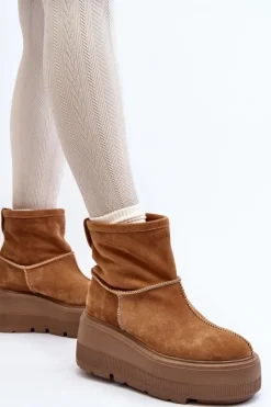 New Zazoo Skórzane Damskie Botki Na Masywnej Podeszwie Camel 3424 Brązowy