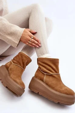 New Zazoo Skórzane Damskie Botki Na Masywnej Podeszwie Camel 3424 Brązowy