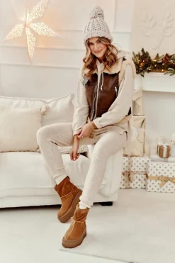 New Zazoo Skórzane Damskie Botki Na Masywnej Podeszwie Camel 3424 Brązowy