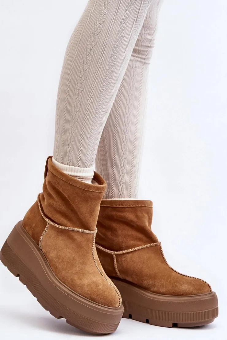 New Zazoo Skórzane Damskie Botki Na Masywnej Podeszwie Camel 3424 Brązowy