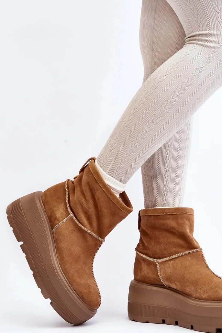 New Zazoo Skórzane Damskie Botki Na Masywnej Podeszwie Camel 3424 Brązowy