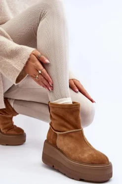 New Zazoo Skórzane Damskie Botki Na Masywnej Podeszwie Camel 3424 Brązowy