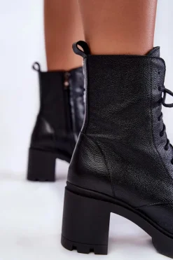 New Boto Skórzane Damskie Botki Na Obcasie Czarne Lemar Rea