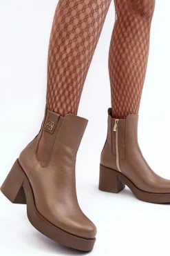 Sale Boto Skórzane Damskie Botki Na Obcasie Lemar Brązowe Kodra