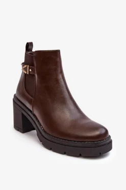 Boto Botki Wiosenne|Botki Na Słupku*Skórzane Damskie Botki Na Masywnym Słupku Brązowe Belinda