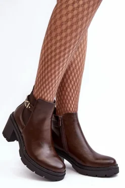 Boto Botki Wiosenne|Botki Na Słupku*Skórzane Damskie Botki Na Masywnym Słupku Brązowe Belinda