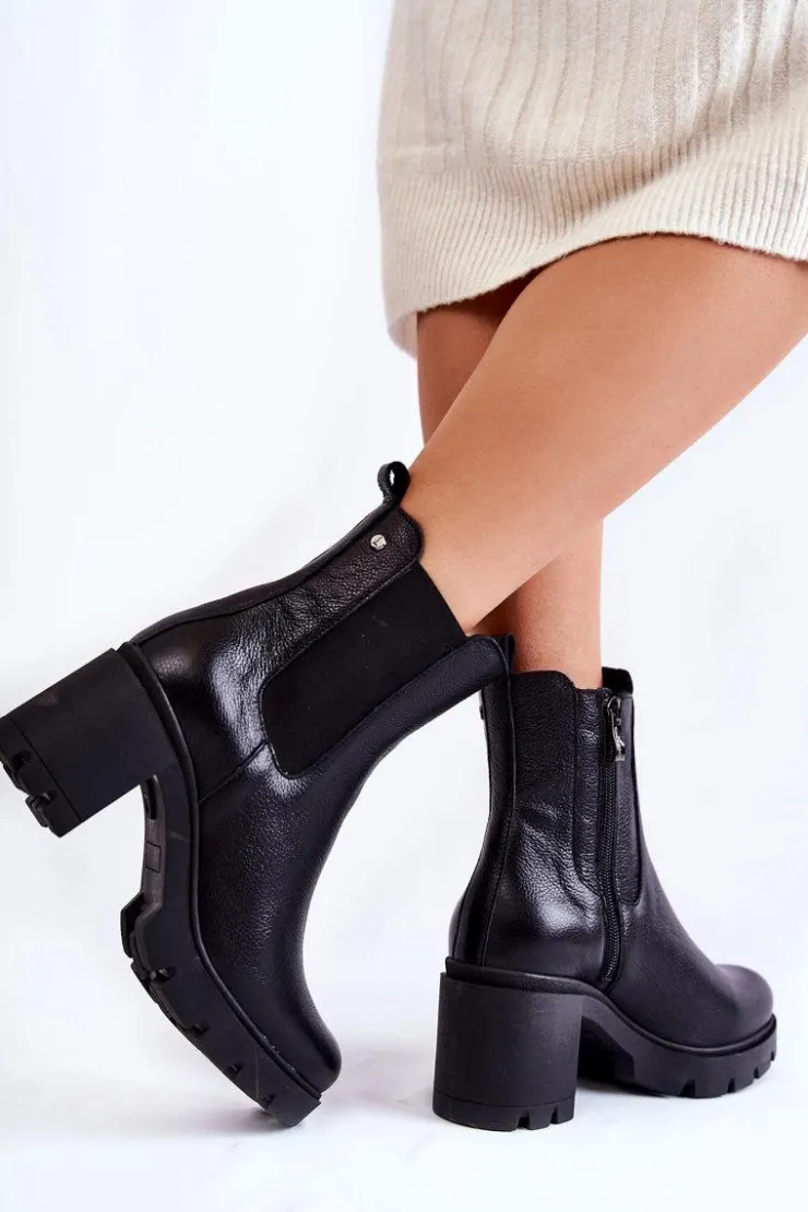 Clearance Boto Skórzane Damskie Botki Na Platformie Czarne Martine