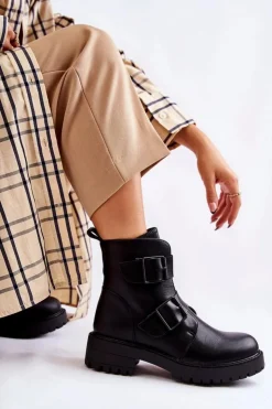 Outlet Boto Skórzane Damskie Botki Na Suwak Czarne Gritta