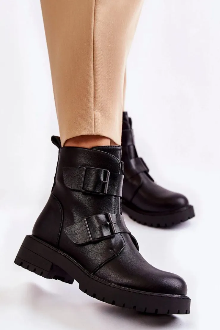 Outlet Boto Skórzane Damskie Botki Na Suwak Czarne Gritta