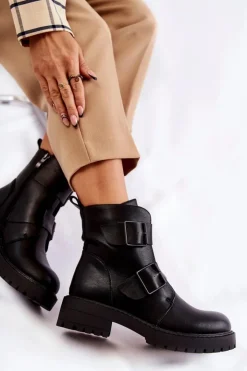 Outlet Boto Skórzane Damskie Botki Na Suwak Czarne Gritta