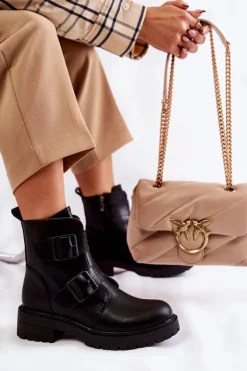 Outlet Boto Skórzane Damskie Botki Na Suwak Czarne Gritta