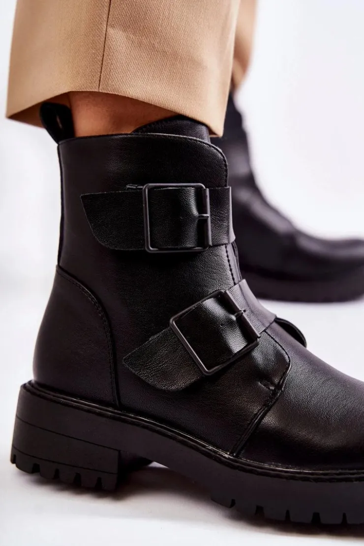 Outlet Boto Skórzane Damskie Botki Na Suwak Czarne Gritta