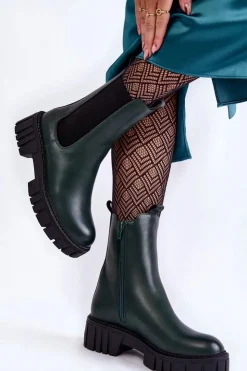 Hot Buty Sergio Leone Skórzane Damskie Botki Na Platformie Zielone Bente