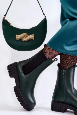 Hot Buty Sergio Leone Skórzane Damskie Botki Na Platformie Zielone Bente