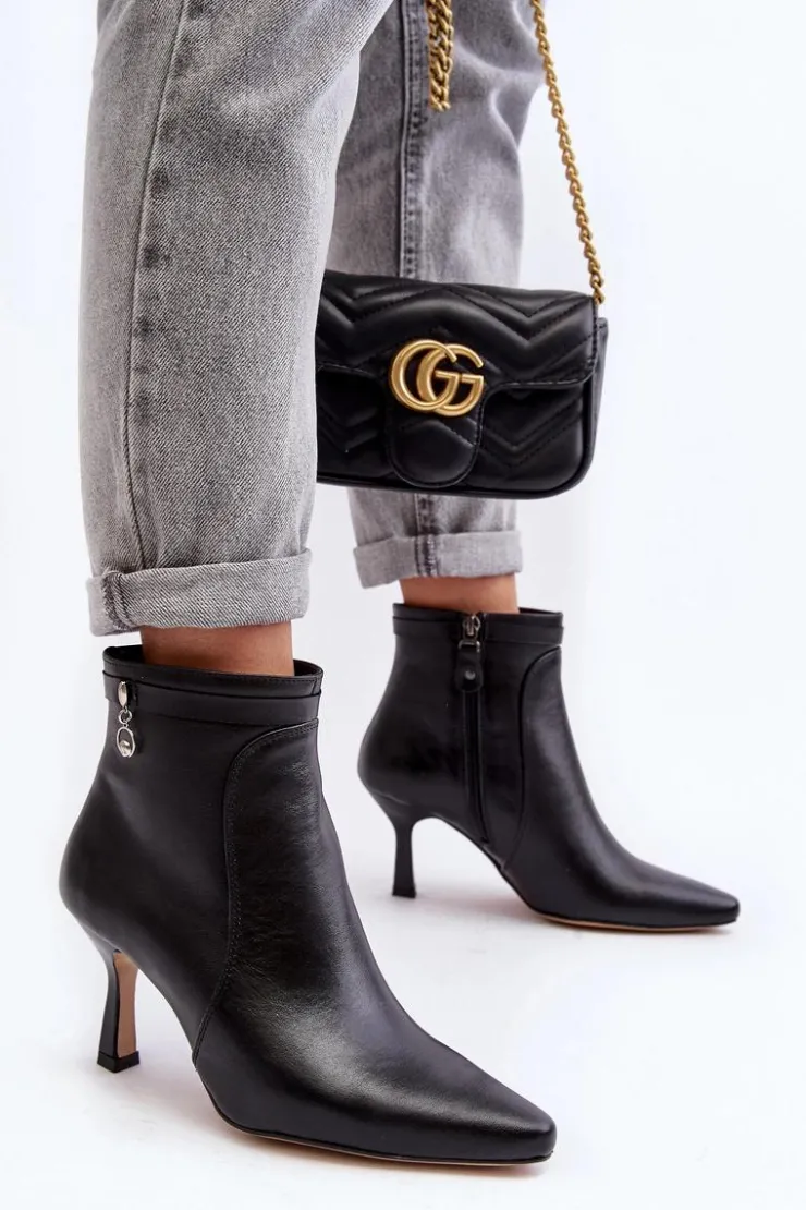 Damskie Maciejka Skórzane Damskie Botki Na Szpilce 06301-01 Czarne