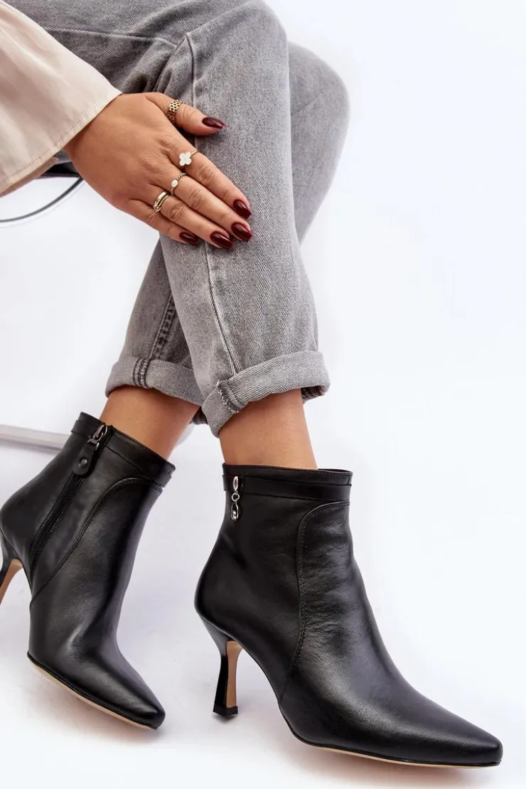 Damskie Maciejka Skórzane Damskie Botki Na Szpilce 06301-01 Czarne