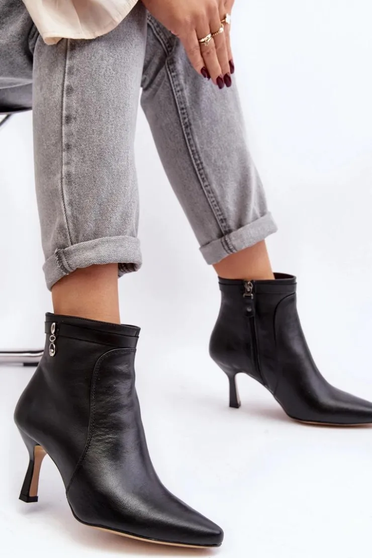 Damskie Maciejka Skórzane Damskie Botki Na Szpilce 06301-01 Czarne