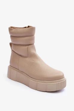 Boto Botki Skórzane|Botki Na Koturnie*Skórzane Damskie Botki Na Platformie Jasnobeżowe Lemar Suam