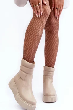 Boto Botki Skórzane|Botki Na Koturnie*Skórzane Damskie Botki Na Platformie Jasnobeżowe Lemar Suam