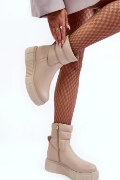 Boto Botki Skórzane|Botki Na Koturnie*Skórzane Damskie Botki Na Platformie Jasnobeżowe Lemar Suam